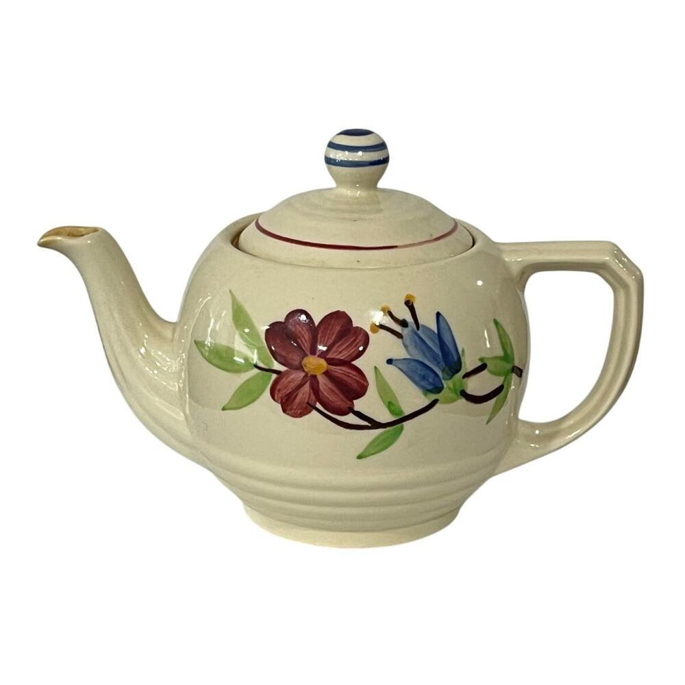 Vintage USA Floral Ceramic Teapot Hand Painted Cottagecore Farmhouse Decor